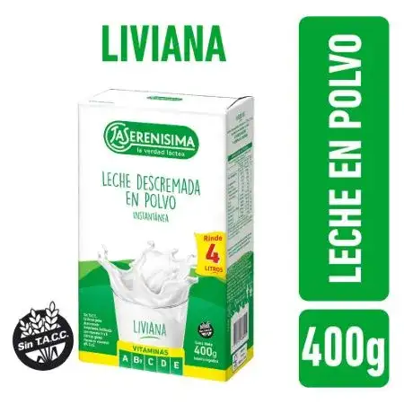 Leche en polvo descremada La Serenisima Fortificada con vitamina A, B9, C, D y E. Estuche 400g